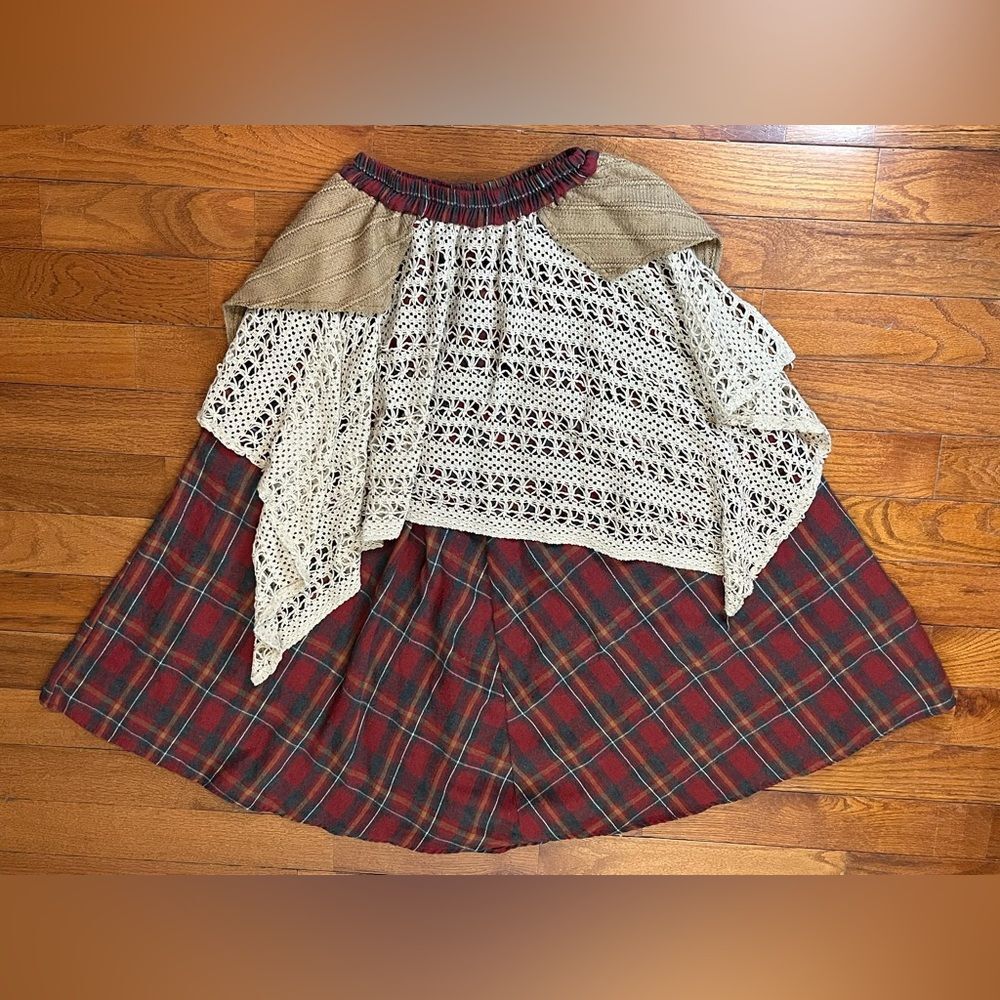 Patchwork Tartan Midi Skirt Red Green Women's L Boho Cottagecore Prairie Lace